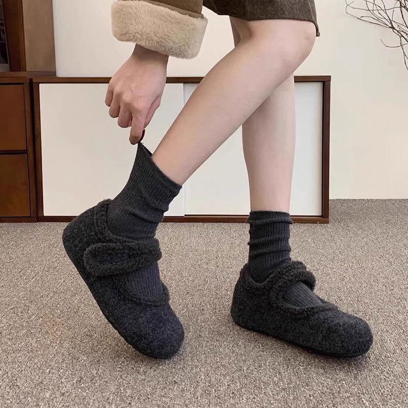 inner height increase thick sole women's velvet gray Mary Jane fluffy shoes women wear woolen cotton shoes in winter