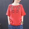 Embroidered Linen Short Sleeved T-shirt for Women In Summer Loose Oversized Retro Original Round Neck Pure Cotton Top for Women Shirts
