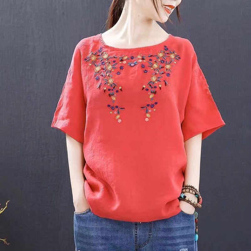 Embroidered Linen Short Sleeved T-shirt for Women In Summer Loose Oversized Retro Original Round Neck Pure Cotton Top for Women Shirts
