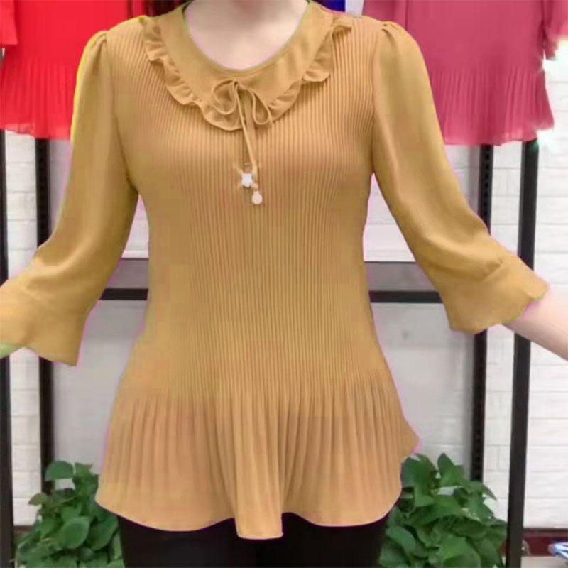 

Женская одежда Однотонная тонкая блузка модная плиссированная рубашка с бантом весна-лето с рукавом 3/4 повседневная рубашка с круглым вырезом в стиле пэчворк L