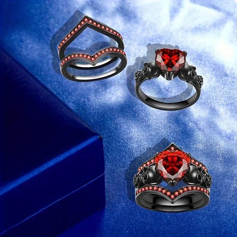 Gothic Style Rings Heart Shape Zircon Horror Skull On The Band Black / Red / Purple Just Pick One Halloween Decor