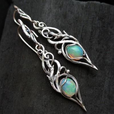 Ethnic Oval Natural Color Stone Earrings Vintage Silver Color Metal Hollow Design Dangle Earrings for Women Jewelry