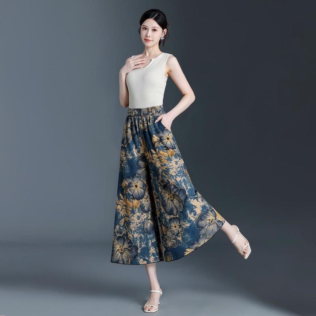 Printed Loose Casual High Waist Thin Fashion Wide Leg Pants Nine Points Skirt Pants Summer Drapey Wide Leg Trousers