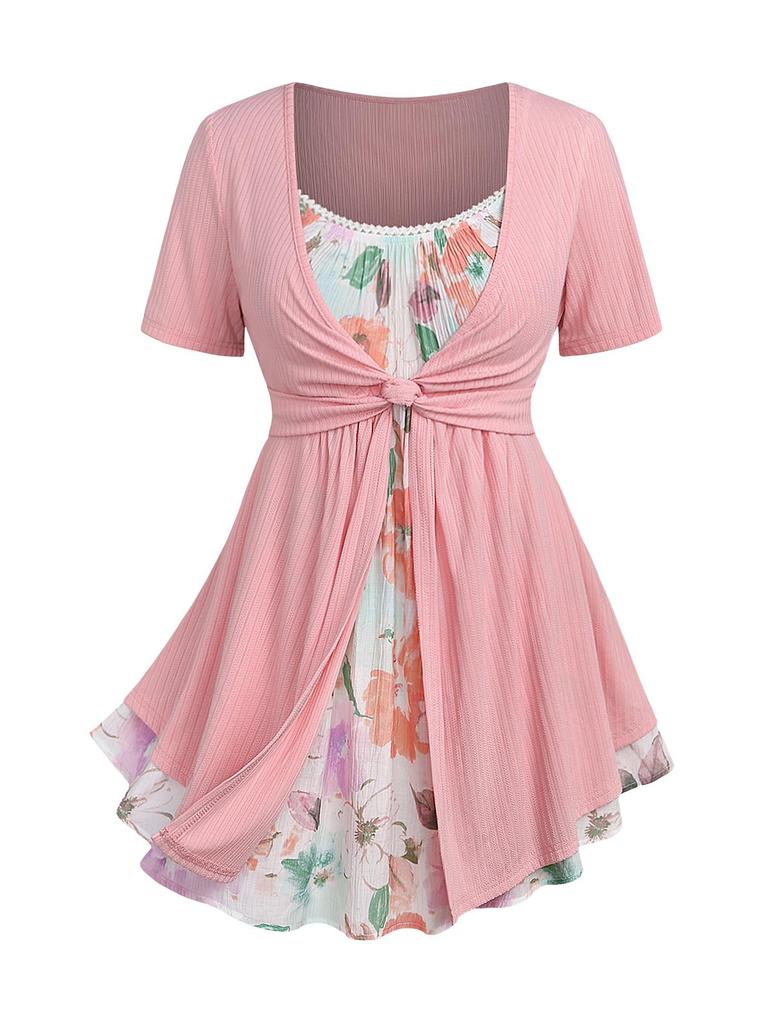 Rosegal Plus Size Blumen Aquarell Druck Spitzenbesatz gerüscht Twist gerippt strukturiert 2 in 1 Top