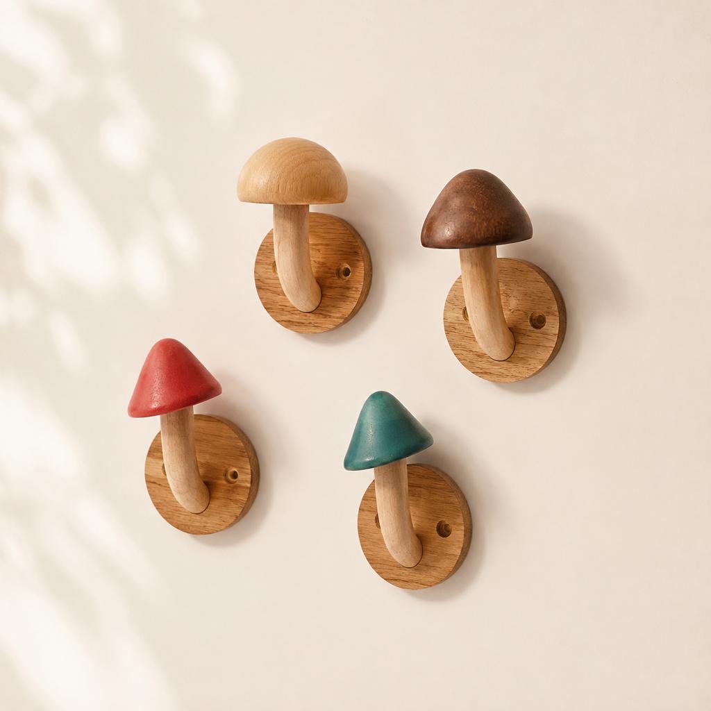 4PCS Wooden Mushroom Wall Hooks Set | Handmade Beech Wood Decorative Coat Hooks for Bathroom, Bedroom & Entryway