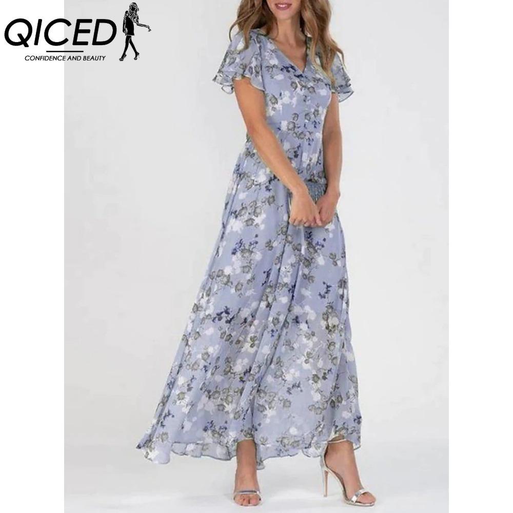 QICED 6 Color V-neck Ruffle Maxi Dress Short Sleeves Fitted Waist High Waist Flowy Hem Cute Floral Chiffon Dress Women Clothing