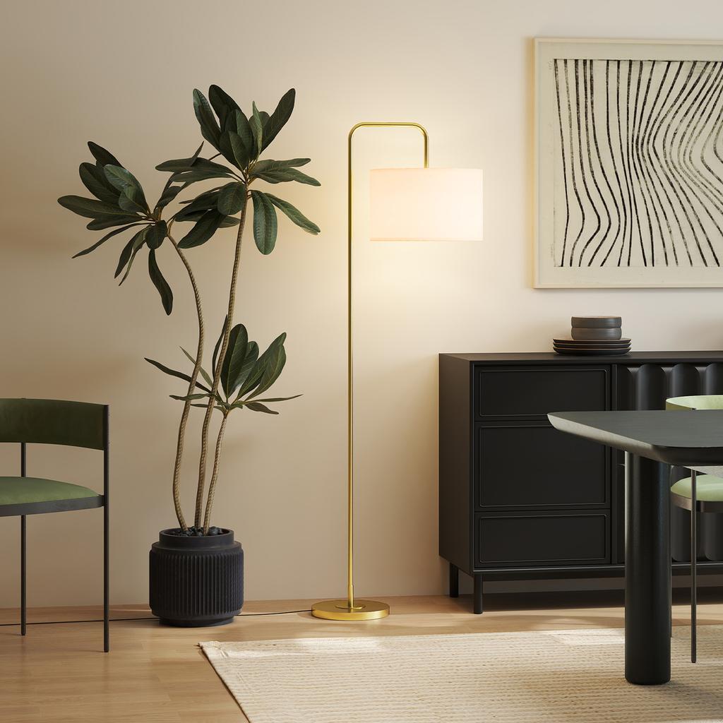 Floor Lamp with Foot Switch, Floor Lamp with Fabric Shade, Steel, Gold