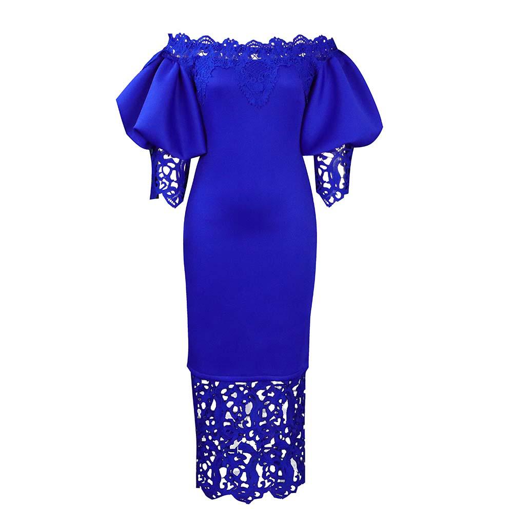 D247 Off-Shoulder Cold-Shoulder Bodycon Dress with Lace Patchwork and Lantern Sleeves