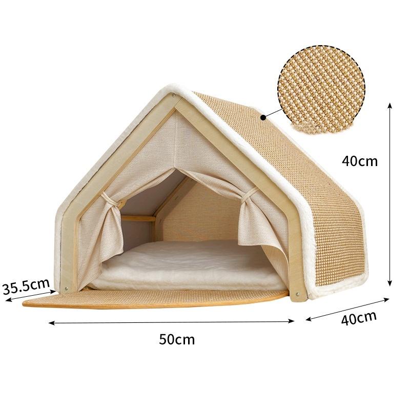 Cat Tent Villa Pet Bed, All-Season Dual-Use Cozy House, Half-Enclosed Wooden Cat Bed, Durable Sisterial No Scraps Drop Cat House