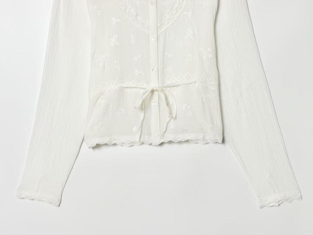 Sweet Women's Embroidered Gauze Blouse with Hollow-Out Waist-Cinching Pleated Bandeau