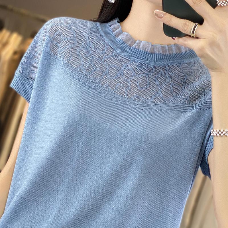 Tricou cu mânecă scurtă de vară pentru femei 50% amestec de mătase și poliester dud | Top casual ușor, respirabil, slim fit