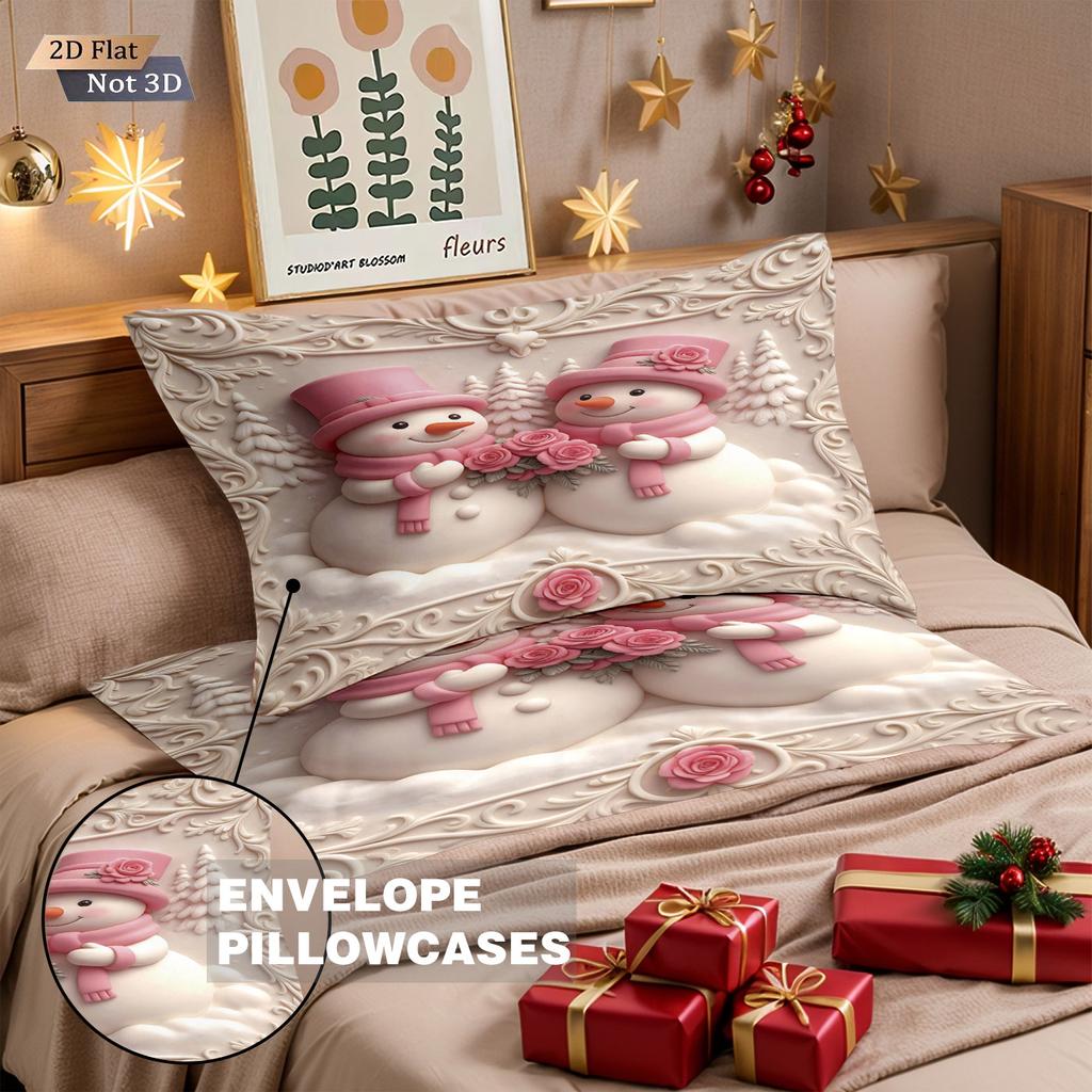3pcs imitation relief pink Christmas snowman print coreless bedding set, multi size bedroom bedding decoration, machine washable