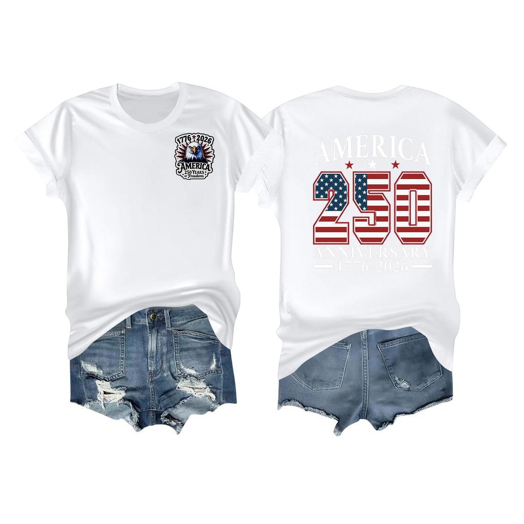 Women's Casual Independence Day 250 Anniversary Printed T-shirt Round Neck Pullover Short Sleeve Top