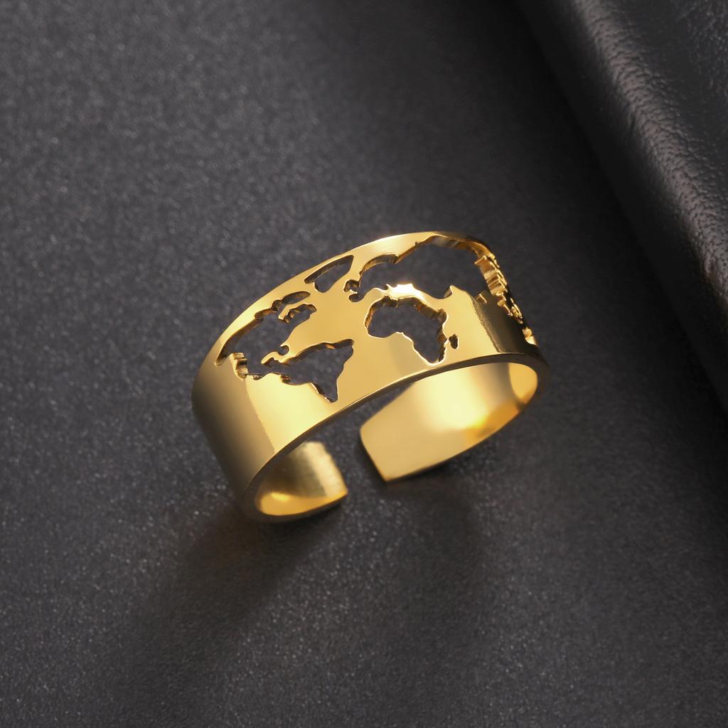 LIKGREAT Stainless Steel Adjustable Finger Ring World Map Hollow Silver Color Opening Ring Jewelry Party Gift for Women Men