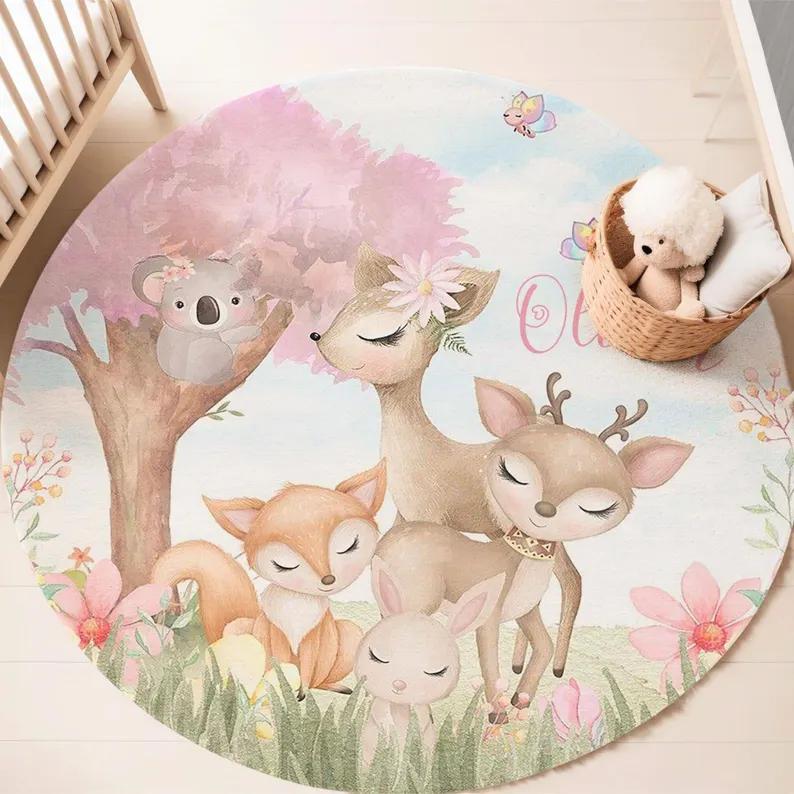 Boho Safari Animal Round Rug Autumn Forest Friends Floor Mat  Non-slip Carpet Wild Jungle Kids Room Decor Ethnic Baby Gift