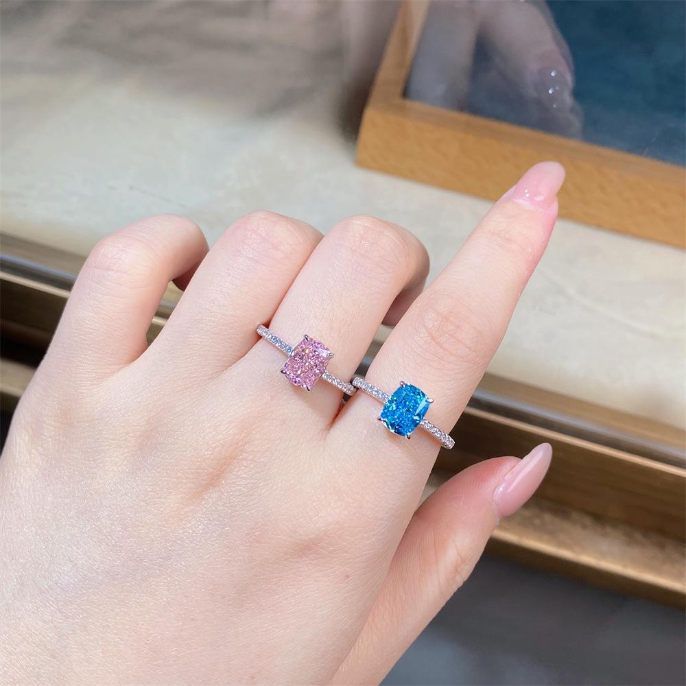 S925 Sterling Silver Pink Radiant Cut Flower Ring for Women - Cute, Sweet, INS Style.