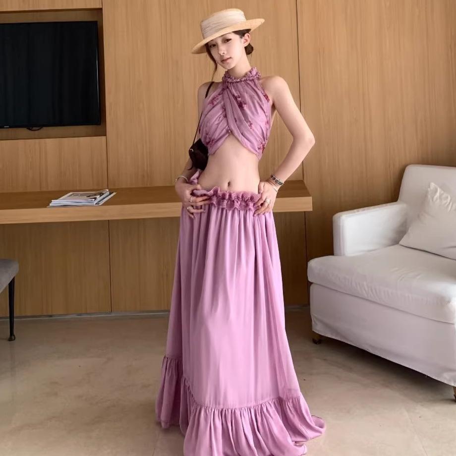 Cross-border Europe, America, Amazon  autumn new women s clothing French pure desire style retro temperament top long skirt XS лавандовый