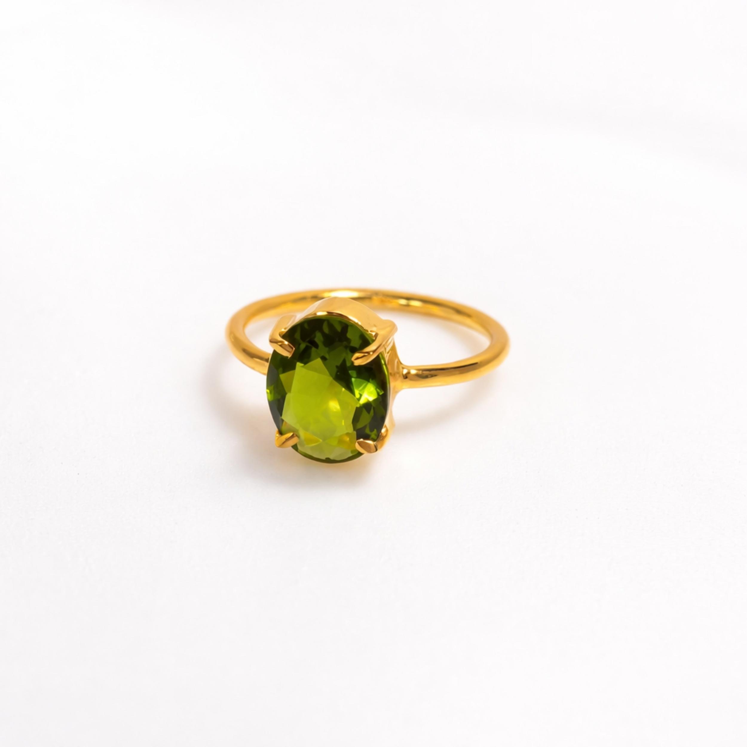 Peridot Minimalist Statement Ring, 925 Sterling Silver Gold Plated, Handmade Prong Set Gemstone Ring for Women 4 серебряный