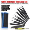 ESD Tweezers 10Pcs/Set Industrial Repair Tools Precision Anti-Static Electronics Soldering Craft Curved Straight Tweezers Stainless Steel