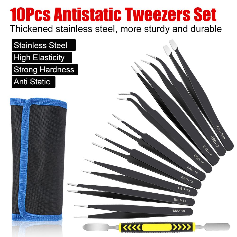 ESD Tweezers 10Pcs/Set Industrial Repair Tools Precision Anti-Static Electronics Soldering Craft Curved Straight Tweezers Stainless Steel