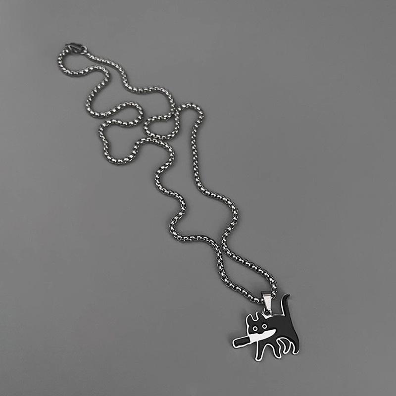 High-End Titanium Black Cat Pendant Necklace for Men & Women - Non-fading Steel Sweater Chain