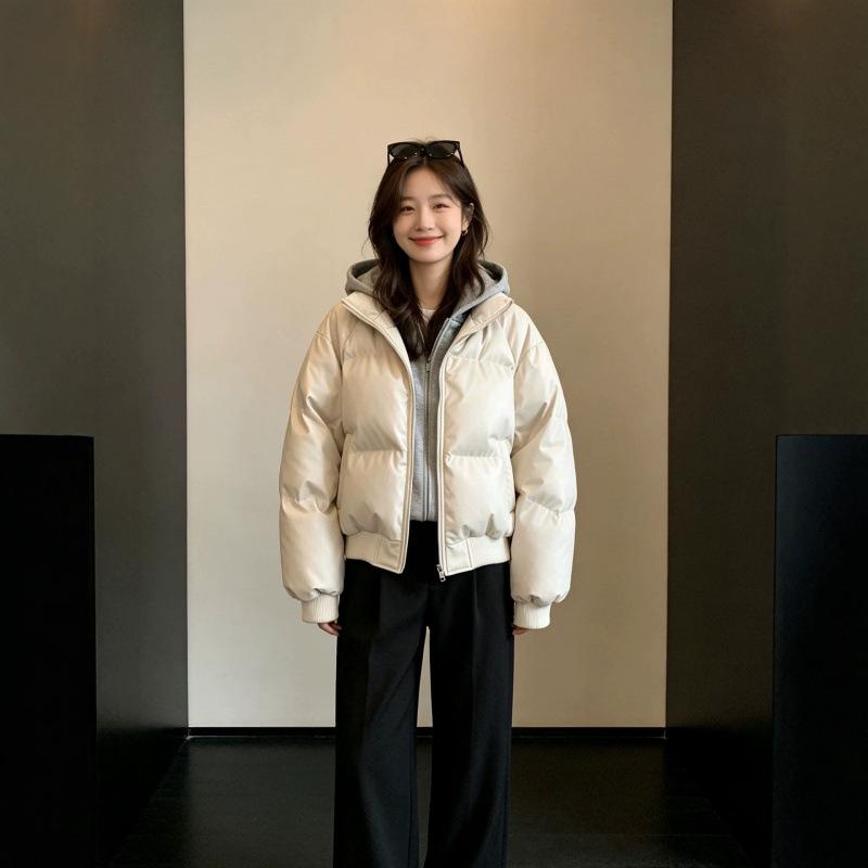 PU leather fake two-piece hooded jacket padded jacket women's winter warm padded jacket American short silhouette padded jacket
