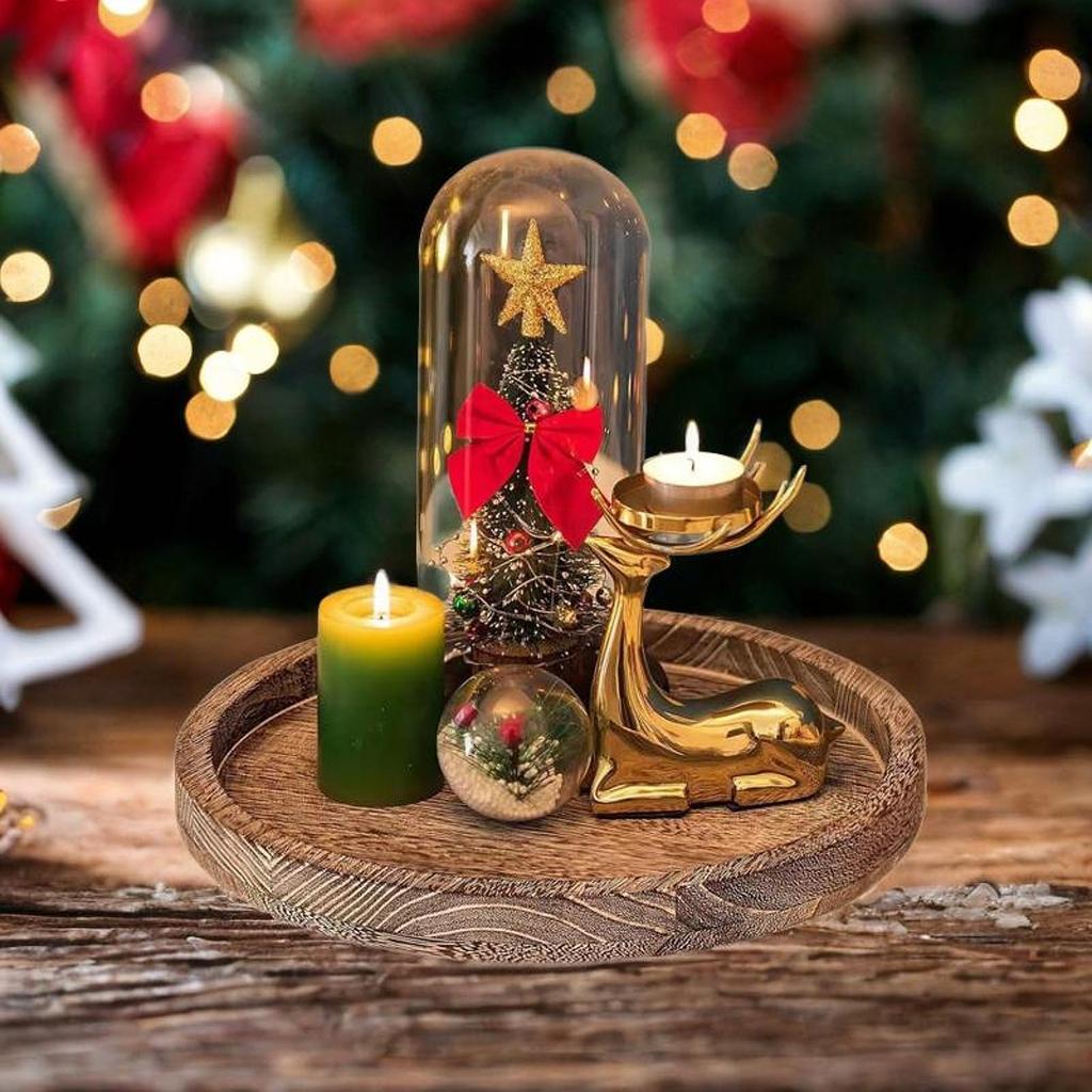 Dřevěný servírovací tác Domácí dekorace 28,5 cm Podnos na svíčky Kulatý dekorativní tác na jídlo Ovoce Svíčky Uzeniny Houba