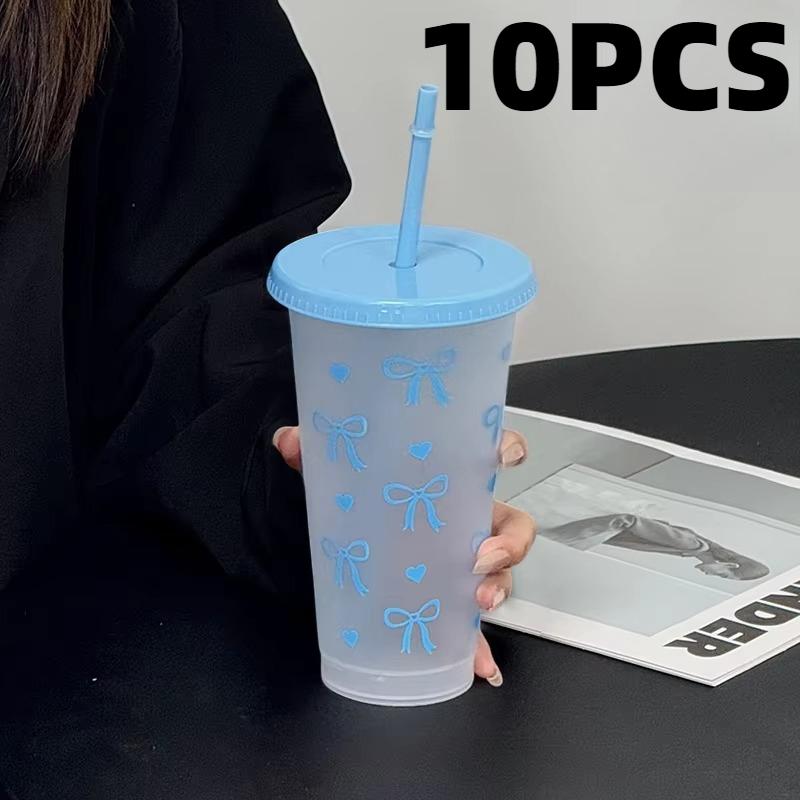 20Pcs Bowknot Plastic Cup with Straw Lid for Ice Coffee Juice Tea Plastic Cup Portable Drinking Bottle Valentine's Day Gift