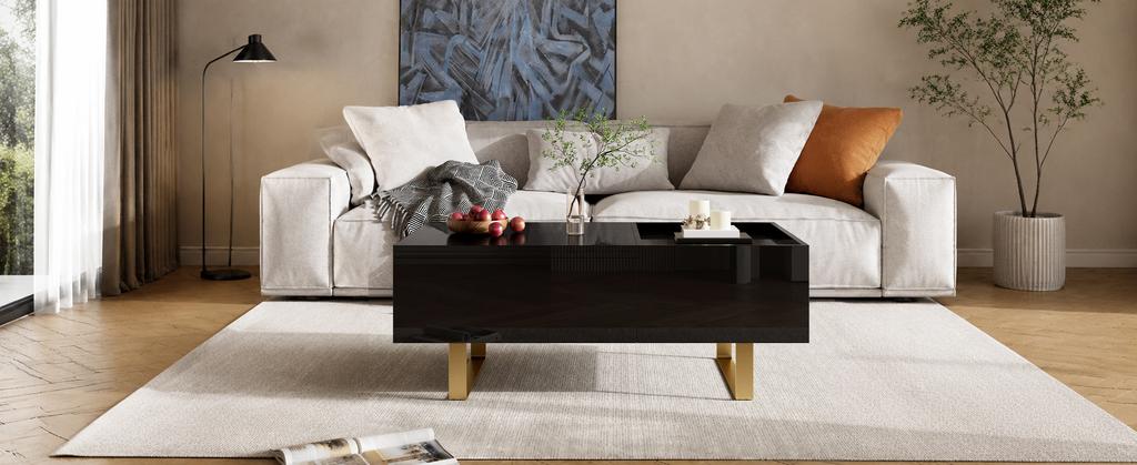 Height-Adjustable Coffee Table, Storage Made of MDF with High-Gloss Surface, with Drawer and Iron Legs, Modern Living Room Table