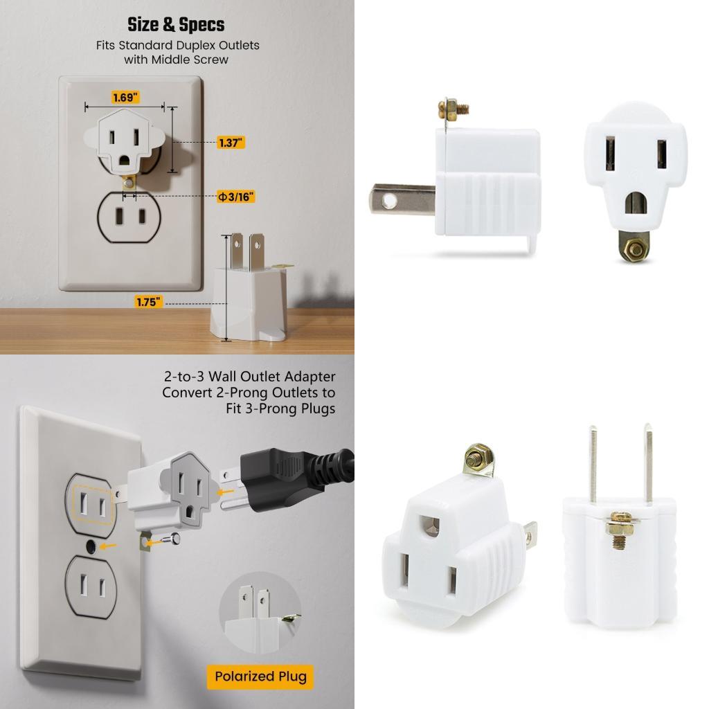 652F Heavy Duty Wall Plug Adapter 2 to 3 Prongs Outlet Adapter Grounding Plugs Adapter Fast Charging Travel Adapter Enduring