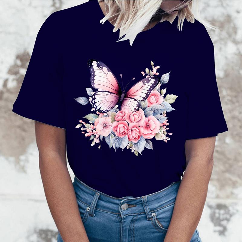 Women's Cool 3D T-shirt: Fashion Flower Butterfly T-shirt, Casual Large T-shirt Short Sleeve