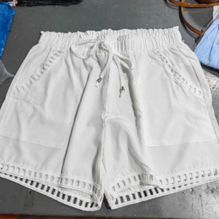 Women's Cotton Linen Shorts with Pocket Solid Color Thin Hollow Out Design Tight Waist Beachwear Pants White