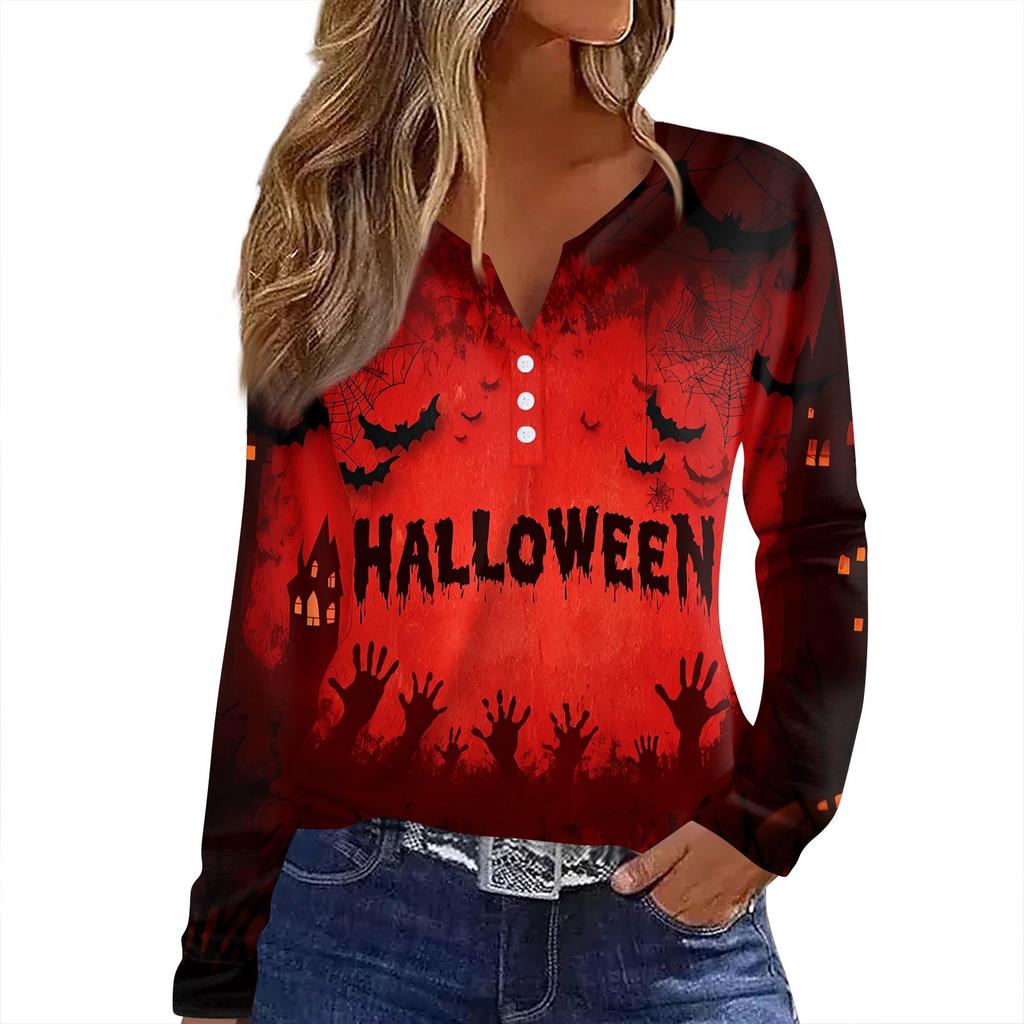 Dámské tričko s potiskem Halloweenu, knoflíky, dlouhý rukáv, denní, víkendová móda, základní, výstřih do V, běžný top