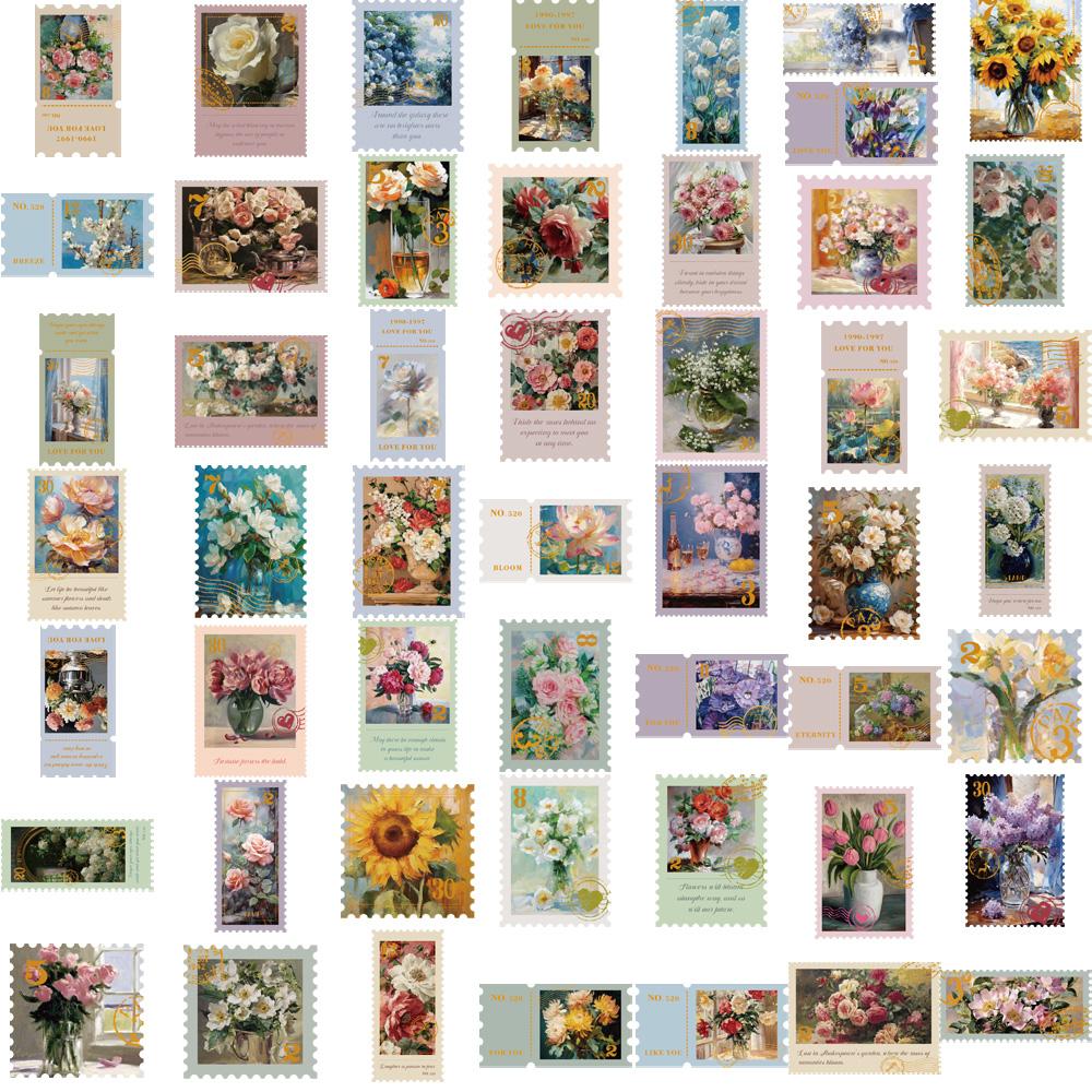 50pcs Flower Style Stamp Stickers Aesthetic Artistic Decals For Phone Notebook Laptop Skateboard Guitar Waterproof Stickers
