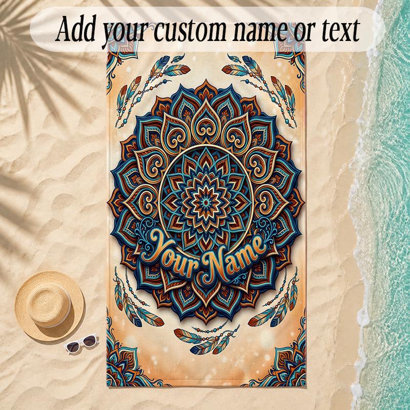 Mandala Theme Soft Beach Towel Personalized Custom Name Text Towel Portable for Beach Pool Travel