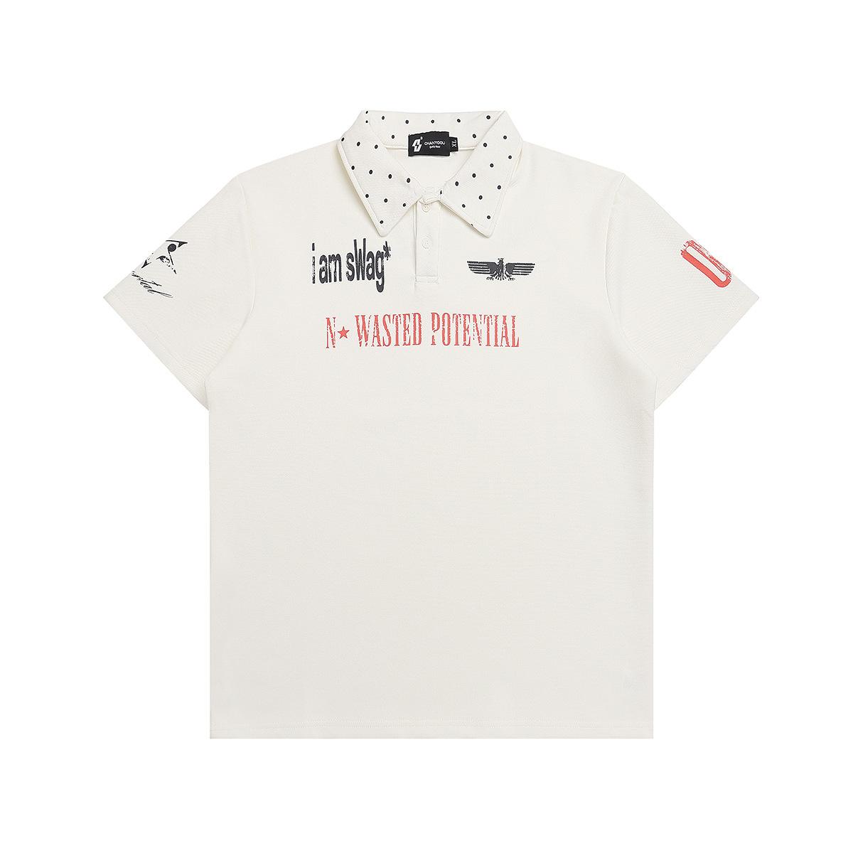 Summer short-sleeve rhinestone-style American sports polo shirt, campus style lapel T-shirt S