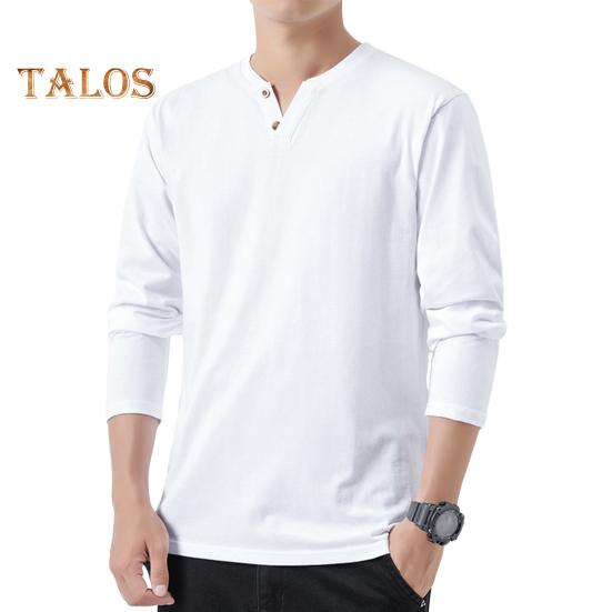Men Fall Spring Top Buttoned V Neck Long Sleeves Pure Color Loose Pullover T-shirt Daily Wear Sport Homewear Clothes