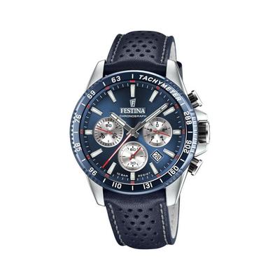 Tijdloos Chronograaf Leren Band Blauwe Wijzerplaat Kwarts F20561-2 100M Herenhorloge