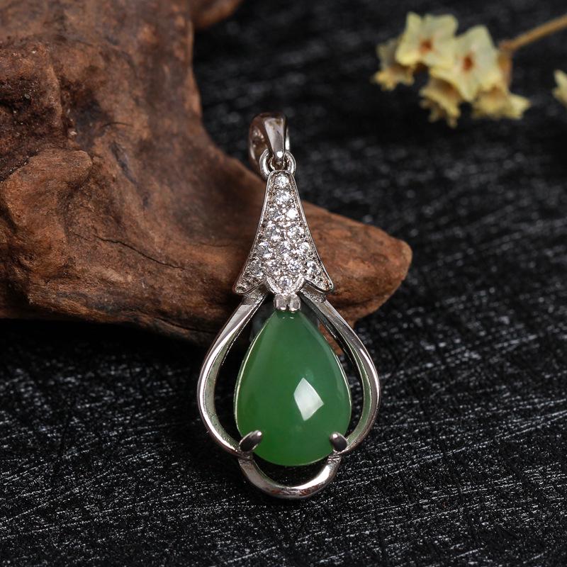 

Ethnic 925 Sterling Silver Hetian Jade Necklace with Certified Biyu Teardrop Pendant for Women 925 Silver