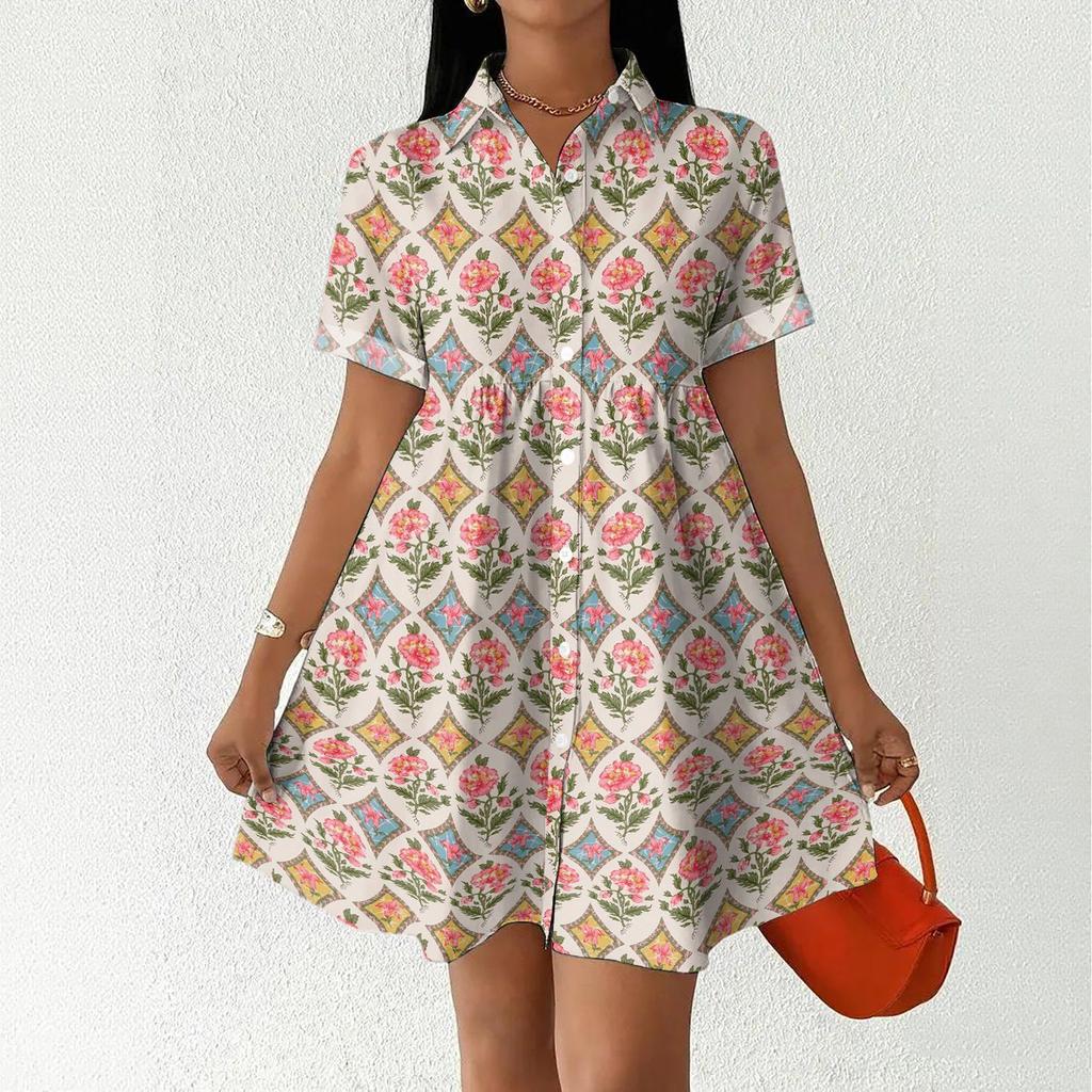 Women's Casual Loose Fit Shirt Dress Button Down Collar Short Sleeve Floral Print Summer Dress
