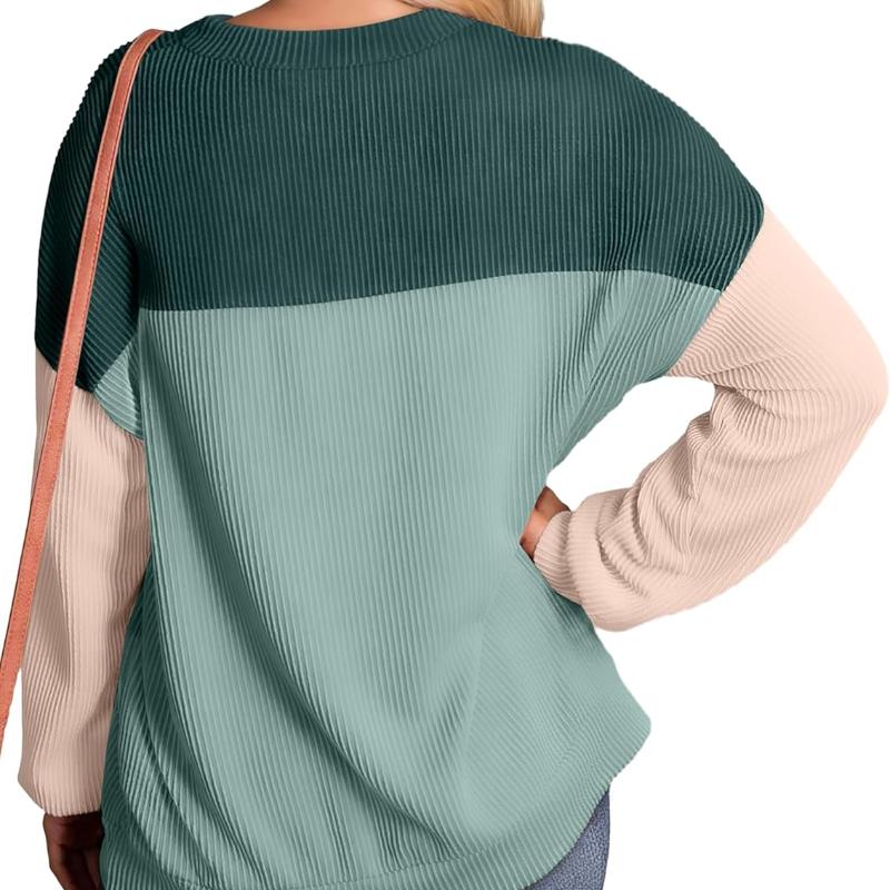 Women Fashion Color Block Long Sleeve O-neck Knitted Ribbed Casual Loose Pullovers