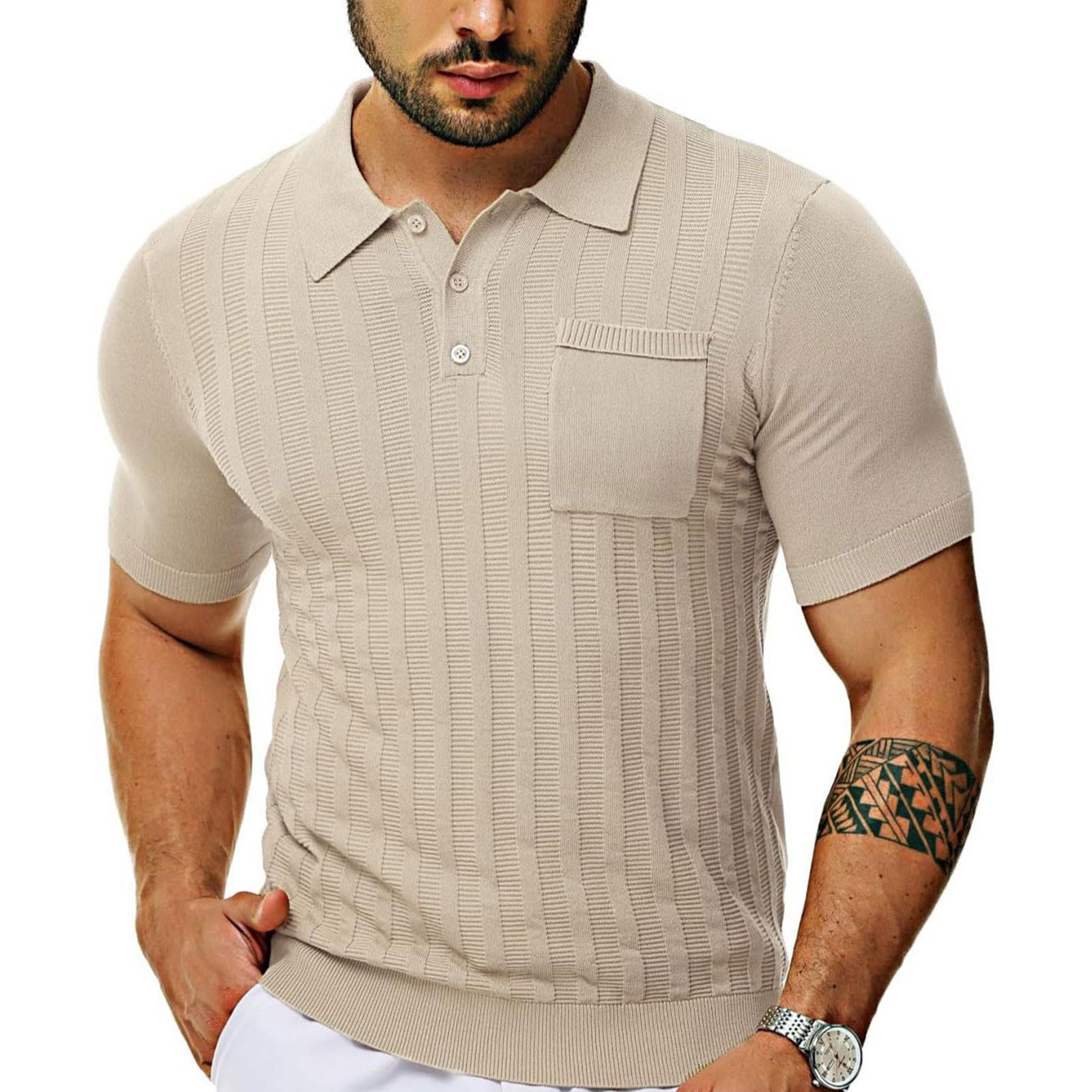 

Men s Casualshirt V-neck Pocket Button Short Sleeved Cool And Breathable Knitted Men s Shirt XL бежевый