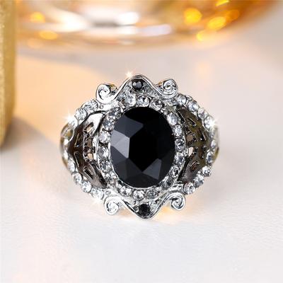 Cute Female Big Black Oval Stone Engagement Ring Vintage Silver Color Wedding  For Women