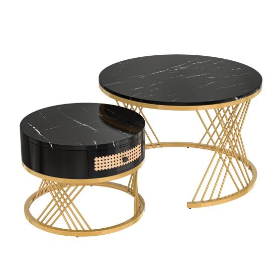 End Table 2 In 1 Round Coffee Made of MDF Side with A Marble Tabletop and Plastic Rattan Sofa Drawers Solid Wood Handles Gold-Colored Iron Legs. 70
