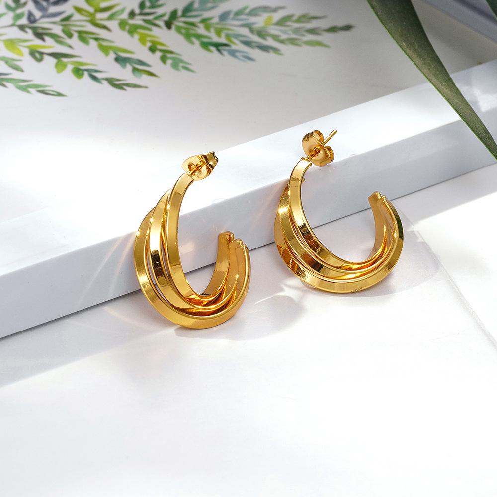 IMI Minimalist Geometric Titanium Steel Earrings: European & American Style Double Layer Crescent Moon Earrings for Women (YE299)