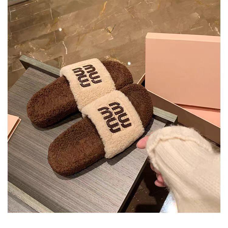 Wool Version~ Fashionable Outer Wear Miu Wind Flat Bottom Outer Wear One Word with Plush Fluffy Slippers Autumn and Winter Fluffy Shoes
