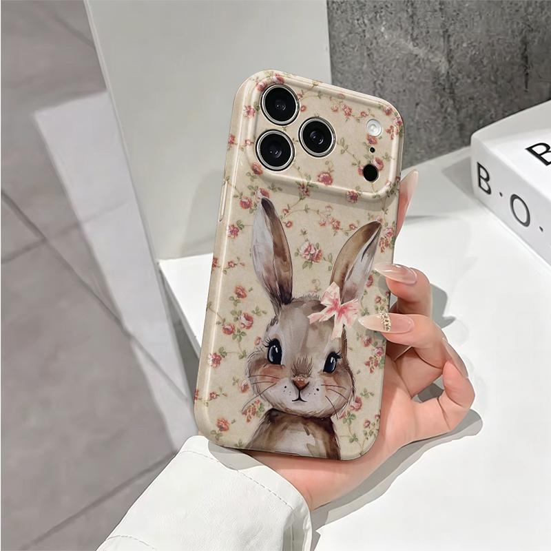 Charming Vintage Rose Floral Bunny Art Print Film Aesthetic Protective Shockproof Bumper Phone Case Cover For iPhone 14 15 16 17 Pro Max Plus