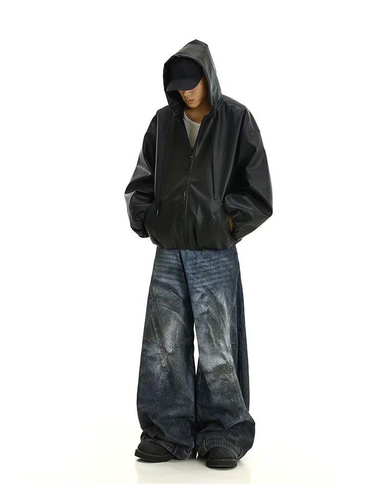 Chaqueta de Motocicleta de Cuero Negra con Capucha para Hombre - Cortavientos, Silueta Atractiva