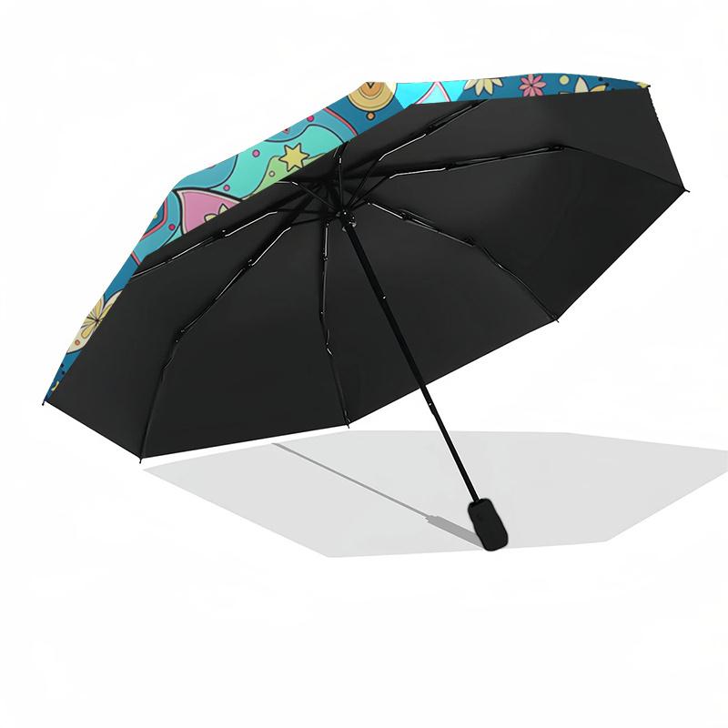 Colorful Butterfly Mandala Automatic Opening Folding Umbrella - Portable 3-Fold Design with Iron Frame -, Travelers, Daily Use - Perfect Gif