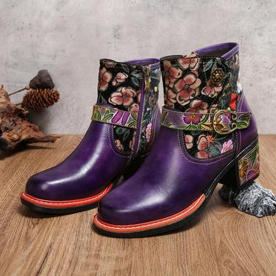 Vintage Floral High Heeled Women's Boots Genuine Leather Shoes Hand-painted Belt Buckle Fashion Short Boots